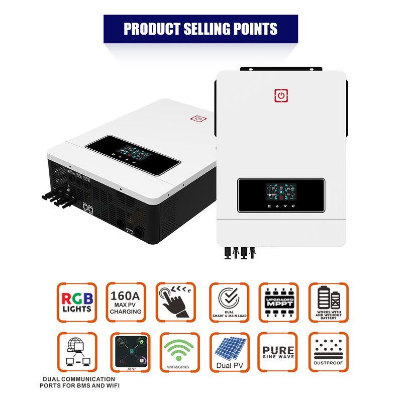 IMEWASHA/ZIMA kibadilishaji cha jua MAX DUAL PV 10.2KW 160A MPPT Bandari za mawasiliano mbili za mawasiliano ya Betri na mawasiliano ya Wifi