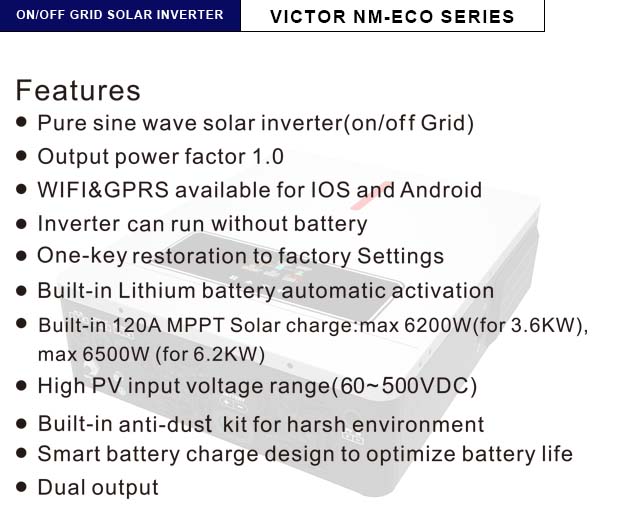 Gridi ya NM-ECO Imewashwa/Imezimwa 6.2KW 48V Kibadilishaji cha Sola 120A MPPT Kidhibiti cha Chaja RGB Mwanga wa Pato mbili 230VAC