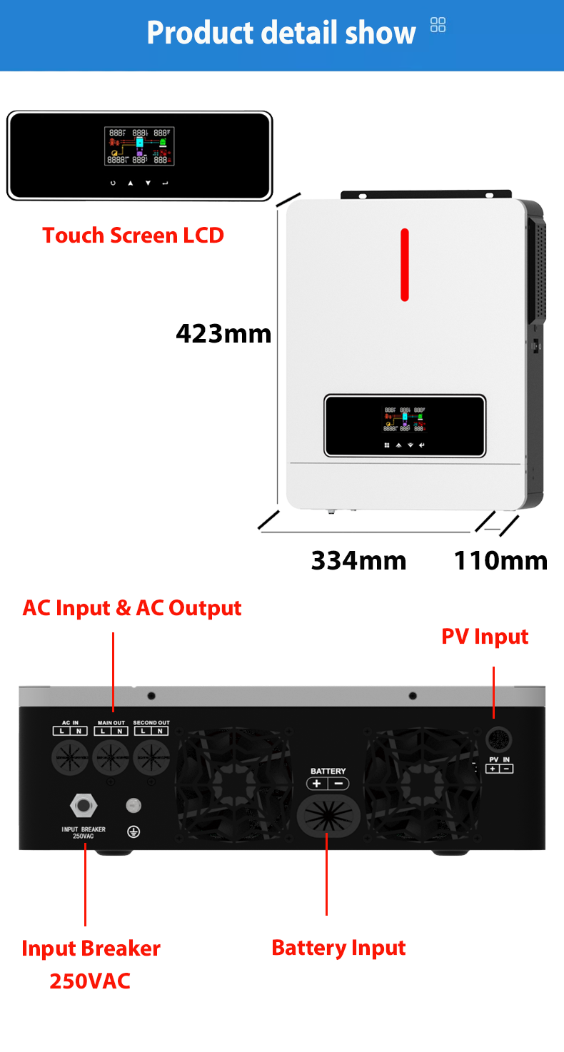 Gridi ya NM-ECO Imewashwa/Imezimwa 6.2KW 48V Kibadilishaji cha Sola 120A MPPT Kidhibiti cha Chaja RGB Mwanga wa Pato mbili 230VAC